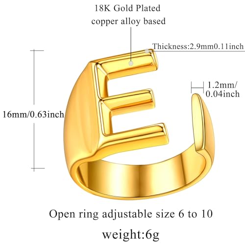 FindChic Customizable Initial Ring Statement 18K Gold Plated Fashion Cuff Rings for Women Alphabet Letter A to Z Resizable Knuckle Ring (with Gift Box) - color: E