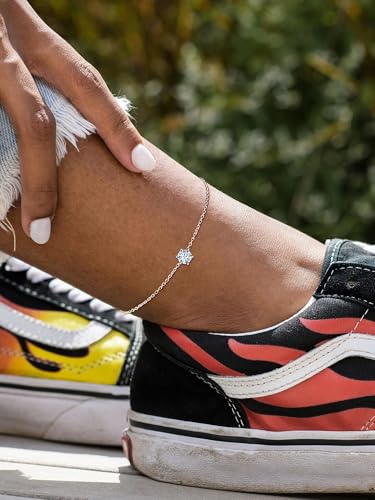 ChicSilver 925 Sterling Silver Anklets for Women, Simple Dainty Round/Heart Birthstone Ankle Bracelet Beach Foot Jewelry, 8.7-10.7 Inch Adjustable - color: 04. Round - April(Diamond)