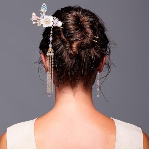 HINZIC 5pcs Flower Tassels Hairpin for Women, Non-Slip Rhinestone Pearl Clover Hair Clips Headpiece, Retro Chinese Hanfu Wedding Brides Hair Accessories for Long Hair - color: Gold