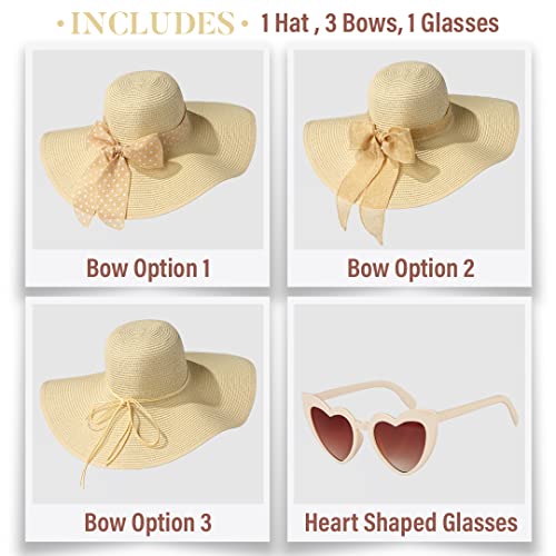 Funcredible Sun Hat for Women - Wide Brim Hat - Large Floppy Beach Hat - Straw Sun Hats with Bow and Heart Shape Glasses