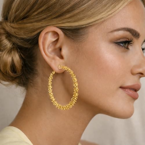 Symvikio Large Clip On Hoop Earrings for Women,14K Gold Big Circle Clip Hoops Chunky Earring Clips for Non Pierced Ears Lightweight Jewelry Gifts 50mm - color: Gold