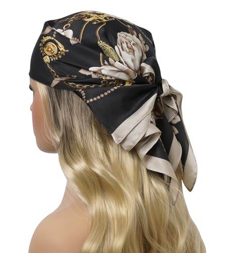 CHUNG Women's Scarf Hair Bandanas Square 27.5" Satin Wrap Fashion Pattern Scarves Emulation Silk Handbag Ribbons Necktie - color: Black Flower-30#