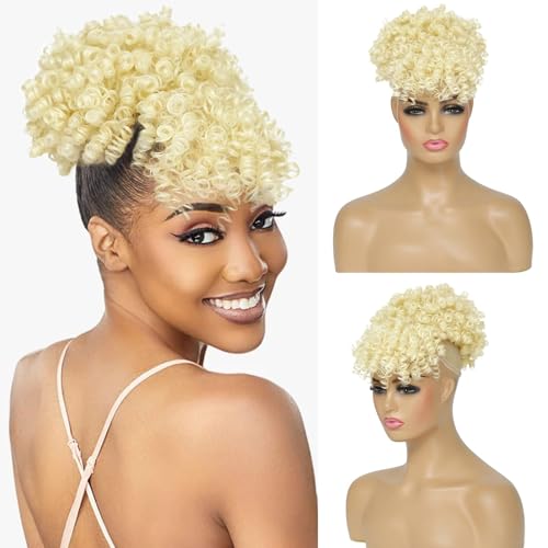 Drawstring Ponytail with Bangs Afro Puff Ponytail Extensions for Women Short Curly Puff Ponytail with Bangs Clip in Wrap Updo Hairpiece for Women (613#) | Afro Puff Ponytail Extensions, Short Curly Puff, Clip in Wrap Updo, For Women - color: 613#