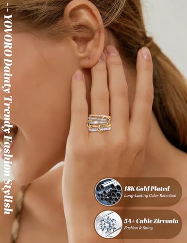 18K Gold Plated Stackable Rings for Women CZ Mixed Metal Statement Rings Set Non Tarnish Interlocked Stacked Ring Unique Connected Band Thumb Ring Fashion Multi-layer Wedding Ring Jewelry Size 6-10 - style: Gold Style C