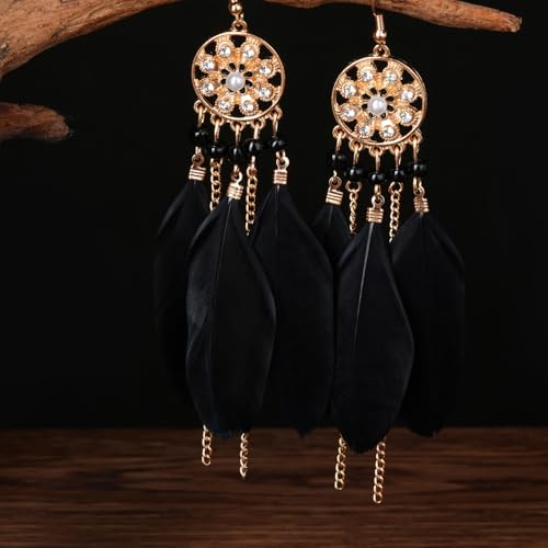 Clip on Tassel Dangle Earrings for Boho Women, Non Pierced, Colorful Feather Handmade Beads Fashion Vintage Fringe Jewelry for Parties Weddings Festivals Trendy Statement Earrings for Bohemian - color: Black A