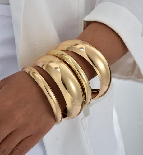 Chunky Gold Bangle Bracelets for Women, Dainty 14k Gold Plated Big Stackable Bangles Set, Trendy Cuff Bracelet Stack Fashion Jewelry Gifts - style: 4 pcs chunky gold bangles