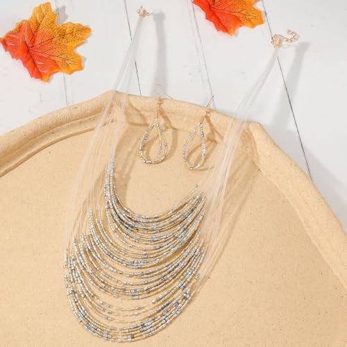 Bohemian Colorful Beaded Earrings Necklace Geometric Teardrop Dangle Earrings Multi-layered Stackable Choker Necklaces Boho Seed Bead Chain Statement Beach Party Accessories - color: Silver