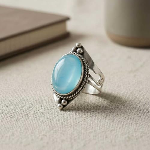 Handmade 925 Sterling Silver Plated Ring Natural Gemstone Carnelian, Rose Quartz, Tiger Eye, Crystal Oval Boho Jewelry For Women - color: Blue Chalcedony