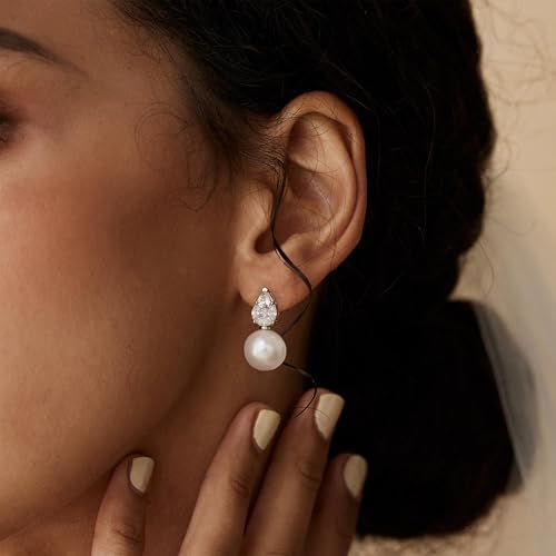 Pearl Earrings for Women, Dainty Wedding Bridal Earrings 14k Gold Plated CZ Pearl Drop Earrings for Women Trendy Hypoallergenic Unique Gold Drop Earrings Fashion Prom Jewelry - color: Silver-M