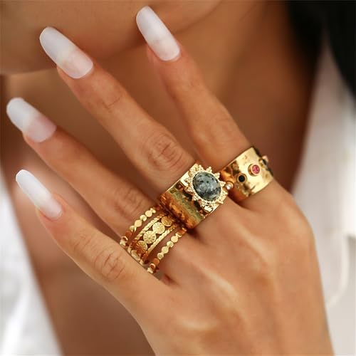 3Pcs Chunky Statement Ring Set for Women,Stackable Wide Band Rings Vintage Shiny Crystal Adjustable Finger Rings Statement Aesthetic Ring Pack - color: Gold