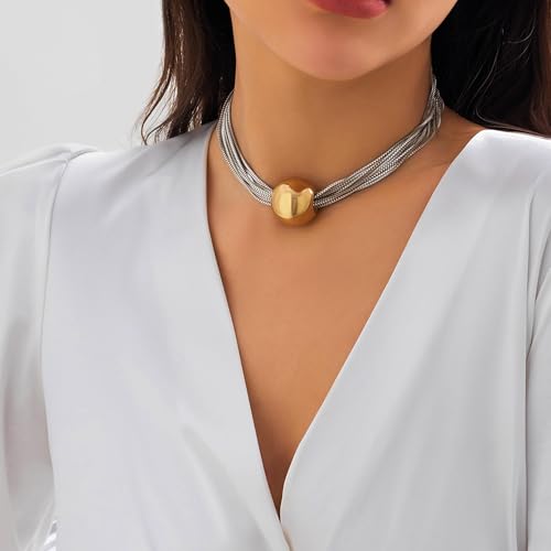 Chunky Chain Necklaces Women Statement Collar Necklace Gold Flat Snake Chain Choker Ribbed Design for Party, Dress Jewelry Gifts - color: B1:Gold Silver Necklace