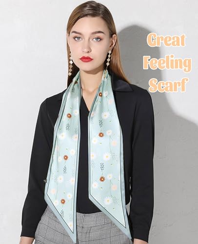 kcctoo 59” Long Silk Like Head Scarf Women's Fashion Square Neck Satin Scarfs for Bag Hair Scarves Gift 59 * 5.9” - color: E1 Little Daisy Light Green 59" X 5.9"