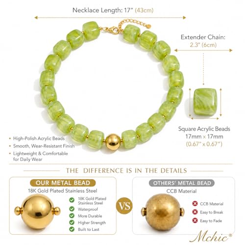 Mchic Colorful Beaded Choker Necklace for Women: Boho Large Square Acrylic Beaded Necklace Stainless Steel Adjustable Surfer Beach Strand Necklaces Summer Handmade Jewelry Gift for Women - color: Green