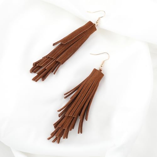 Fringe Leather Earrrings Triangle Deerskin Leather Boho Western Statement Dangel Earrings for Women - color: Brown Tassels