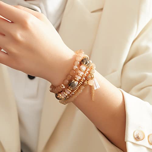 FUTIMELY Bohemian Crystal Beaded Bracelets Set for Women,Dainty Handmade Multilayer Colorful Charm Bracelet Beaded Stackable Stretch Bracelet Jewelry - color: Brown