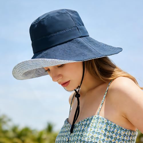 Sun Hats for Women Wide Brim Foldable Beach Hat UV UPF50+ Summer Sun Protection Bucket Hat for Outdoor, Gardening, Travel - color: Navy Blue