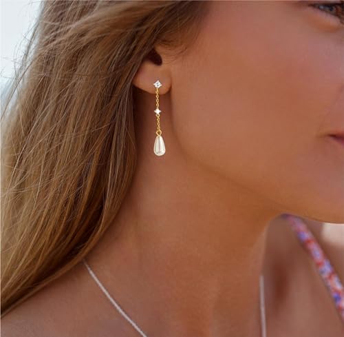 Gold Earrings for Women Trendy, Simple Dainty 14K Gold Plated Paperclip Square Chain Link Dangle Hoops Earrings Pin Stud Huggie Earrings Lightweight Hypoallergenic Minimalist Aesthetic Gold Jewelry for Christmas Gifts - color: tearldrop long pearl-gold