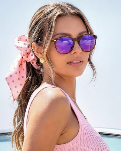 DUCO Women's Trendy Retro Round Acetate Polarized Sunglasses, UV400 99% Glare Block, Lightweight for Daily & Outdoor - color: Brown Tortoise Frame Revo Purple Mirror