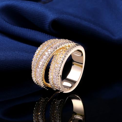 MDFUN 18K White Gold/Yellow Gold Plated Halo Wedding Eternity Ring for Women, 3 Rows Emerald Cut Cubic Zirconia Rings Statement Band Size 5-10 - color: Yellow Gold