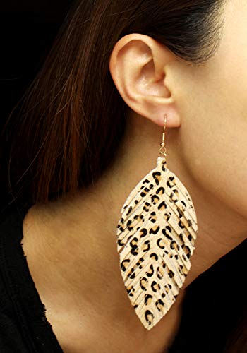 Large Genuine Soft Leather Handmade Fringe Feather Lightweight Tear Drop Dangle Color Earrings for Women Girls Fashion - color: GREY-LEOPARD
