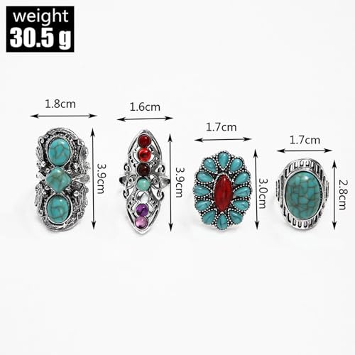 Bohemian Turquoise Ring for Women Chunky Gold Flower Statement Rings Vintage Round Turquoises Stackable Knuckle Ring Set for Women Western Jewelry - style: Silver Turquoise ring-4Pcs