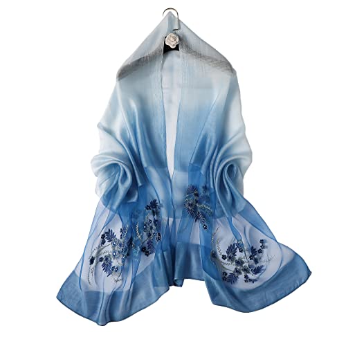 WINCESS YU Women Mulberry Silk Scarf Long & Large Embroidered Floral Pattern Shawl and Wraps Neckerchief for Hair & Neck - color: Gradient Blue