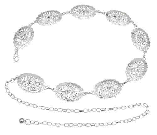 Women's Concho Chain Belt Western Cowgirl Metal Waist Chain Belt for Dress - color: A Silver, size: M: 47.2 in