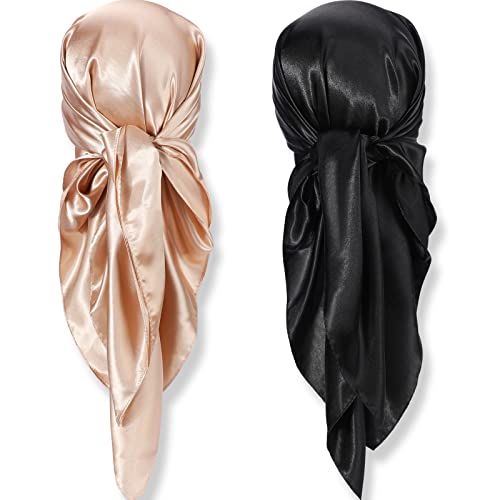 SATINIOR 35 Inch Silky Head Scarf 2 Pcs Large Square Neck Scarf Sleeping Hair Wrapping Satin Bandana for Women - color: Black, Camel, style: Classic