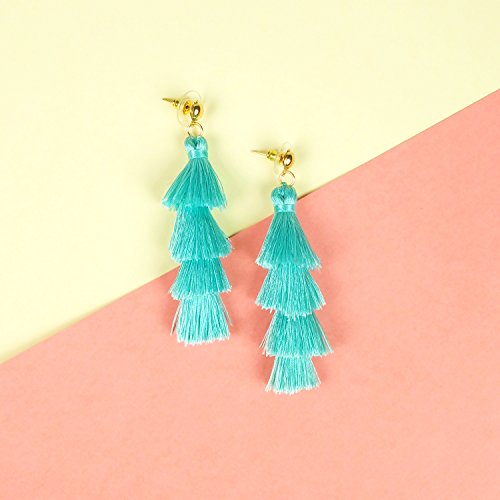 BaubleStar Tassel Earrings Handmade Tiered Thread Tassel Dangle Earrings, Multi Colors - color: Turquoise