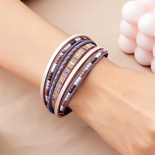 Fesciory Leather Wrap Bracelets for Women, Boho Leopard Multi-Layer Crystal Beads Cuff Bracelet Jewelry - color: Boho Braid(Pink)