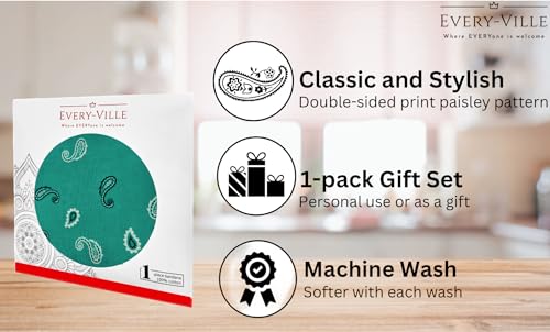 Gift Packaging Bandana for Men Women - 100% Cotton, Paisley, 22x22 In, 1 Pack - Large Bandanna Handkerchief Cowboy Hanky - color: Teal
