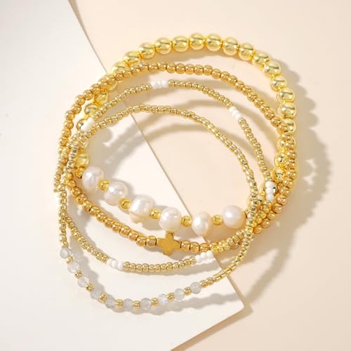 4pcs Gold Beaded Pearl Bracelets Set for Women Multi Layer Versatile Stackable Stretch Cuff Sparkly Stone Crystal Gemstone Jewelry Birthday Gifts - color: Onyx
