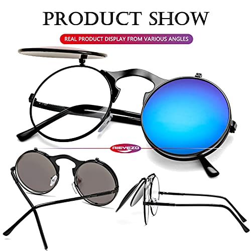 AIEYEZO Round Flip Up Sunglasses for Men and Women Rave Flip Glasses 90's Retro Steampunk Style - color: Black/Ice Blue Mirror