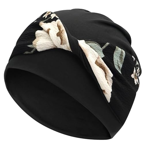 Women Knot Slouchy Beanie Chemo Hat Twist Stretch Cancer Head Wraps Sleep Head Scarf - color: Black Beige Flowers