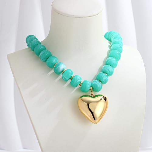 WOWORAMA Chunky Heart Necklaces for Women Colorful Resin Beaded Choker Necklace Gold Puffy Heart Statement Necklace Trendy Acrylic Choker Jewelry - color: Blue