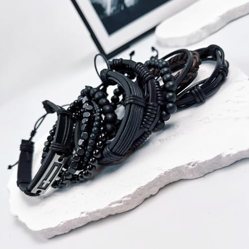 Punk Braided Leather Bracelets for Men Women Gothic Wood Beaded Tribal Wrap Wristband Grunge Emo Multilayer Adjustable Mens Bracelet in Black Brown Fathers Day Gift - color: Black Cross