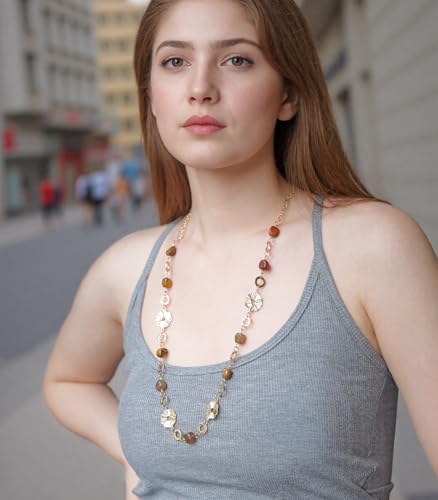 Long Gold Necklaces for Women Dainty Natural Stone Beaded Gold Necklace Mothers Day Gifts Boho Gold Costume Jewelry for Women - color: Brown