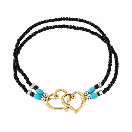 Ankle Bracelets for Women Waterproof Elastic Heart Anklet Stretchy Ankle Bracelets Colorful Beaded Anklets Boho Ankle Bracelets Silver Beach Anklet Jewelry Accessories for Summer - color: Gold Black Anklets