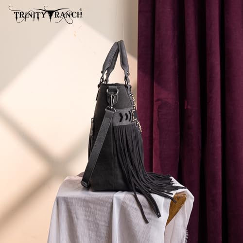 Trinity Ranch Crossbody Bags for Women Tooled Fringe Top Handle Handbags Vintage Western Purse - color: Black