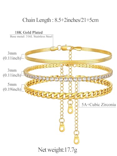 FindChic Black/Silver/Gold Plated Anklets Set of 2PCS/3PCS Herringbone Chain Cuban Link Heart Charm Sparkling Tennis Ankle Bracelets, Waterproof Summer Foot Jewelry for Beach - color: 06. Gold-3PCS Herringbone & Tennis & Cuban