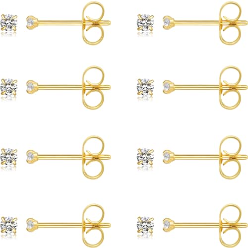 10 Pairs Small Stud Earrings for Women Precision-Cut Cubic Zirconia Earrings for Sensitive Ears Hypoallergenic Surgical Stainless Steel Tiny Stack Earrings for Multiple Piercing - color: Gold-8 Pairs-2mm