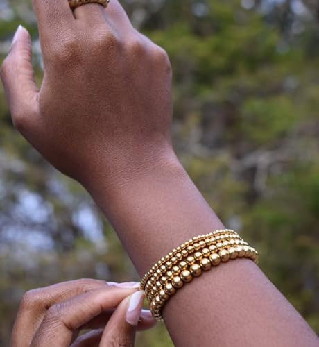 Gold Beaded Bracelets for Women, 14K Real Gold Plated Jewelry for Women Dainty Pearl Bead Bracelets Stack, Non Tarnish Trendy Stackable Ball Cross Stretch Bracelet Set Fashion Accessories Gifts - color: Gold stretch bead