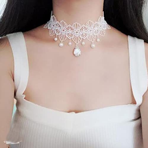 Boho Black Crystal Lace Choker Necklace Tassel Black Teardrop Necklace Choker Gothic Droplet Rhinestone Collar Necklace Retro Vintage Necklace Chain Jewelry for Women and Girls(Black A) - color: White C