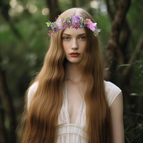Vivivalue Fairy Floral Crown Woodland Headband Flower Headpiece Hair Wreath Forest Elven Circlet for Women Halloween Renaissance Wedding Bridal Cosplay Prom Photo Props Purple - color: 3