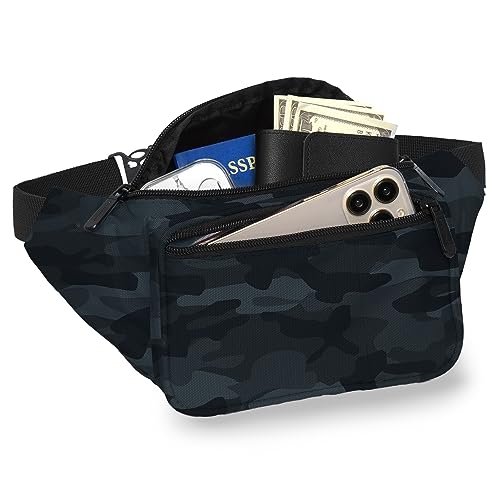 Black Camo Fanny Pack Belt bag - Crossbody Waist Bag for Men or Women - Hands-Free, Waterproof Large Bumbag for Hiking, Running, and Travel - color: Black Camo