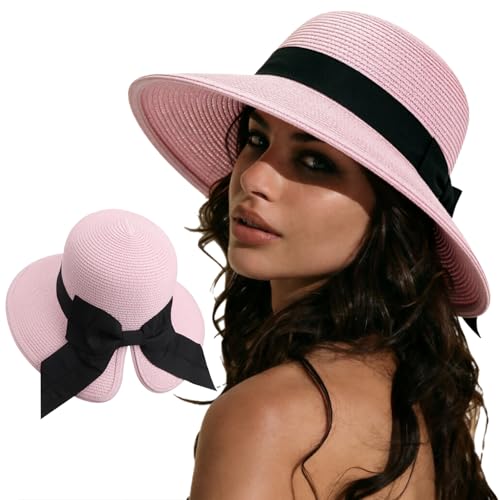 DRESHOW Sun Hats for Women Travel Fedora Foldable Beach Sun Hat Summer Wide Brim Straw Bucket Hat with Bowknot UPF 50+ - color: 1 Pack With Bowknot: Pale Pink With Black Band