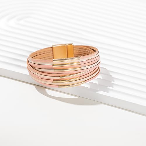 FANCY SHINY Boho Leather Bangle Bracelets Stackable Noodle Tube Bracelets Layered Wrap Cuff Bracelets with Magnetic Clasp - color: Pink