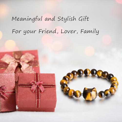 Beaded Bracelets for Women, Black Obsidian Money Attraction Bracelet, 8mm Healing Relax Anxiety Luck Crystal Bead Bracelets, Adjustable Jewelry Feng Shui Stretch Bracelet Cat Lover Gifts for Women Men - color: Tyger Eye Cat