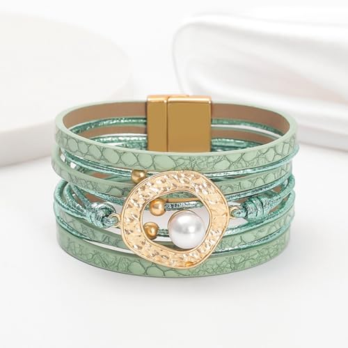 Long tiantian Boho Leather Wrap Bracelets Western Bracelets for Women Stackable Starfish Crystal Pearl Turquoise Leather Bracelet With Clasp Jewelry Gifts Boho Dresses - color: C4:green leather bracelet