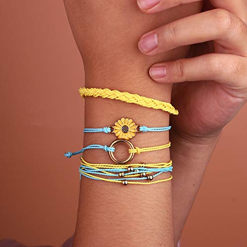 FANCY SHINY Easter Gifts Basket Stuffers Sunflower String Bracelet Boho Braided Rope Wrap Bracelets Cute Summer Beach Surfer Jewelry for Women - color: Yellow